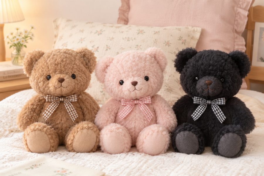 茶色、ピンク、黒の三体のテディベア