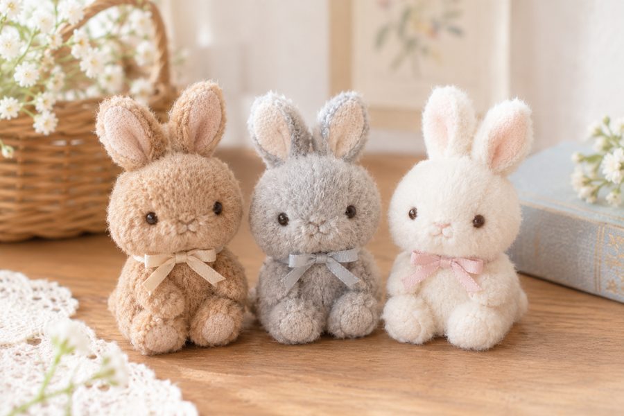 ベージュ、グレー、白の三匹のうさぎのぬいぐるみ