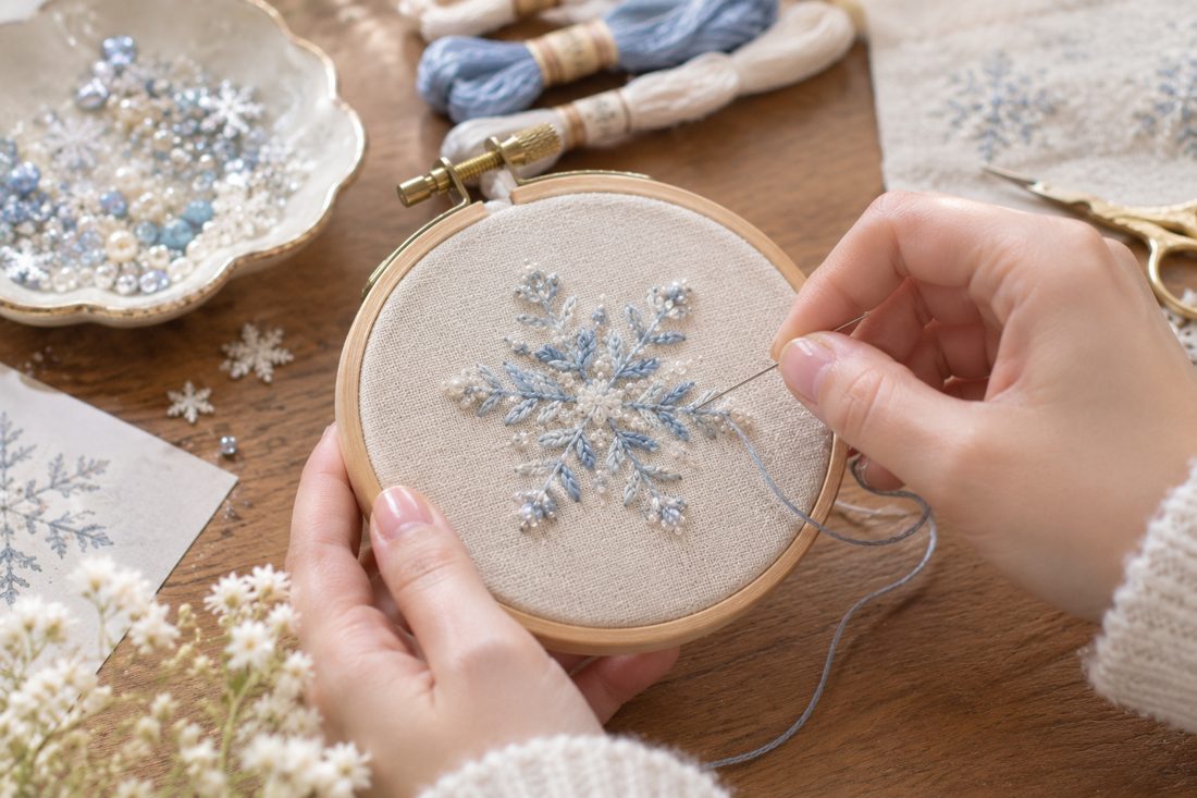 刺繍枠で雪の結晶を刺しているところ