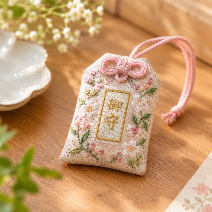 桜の刺繍のおまもり袋