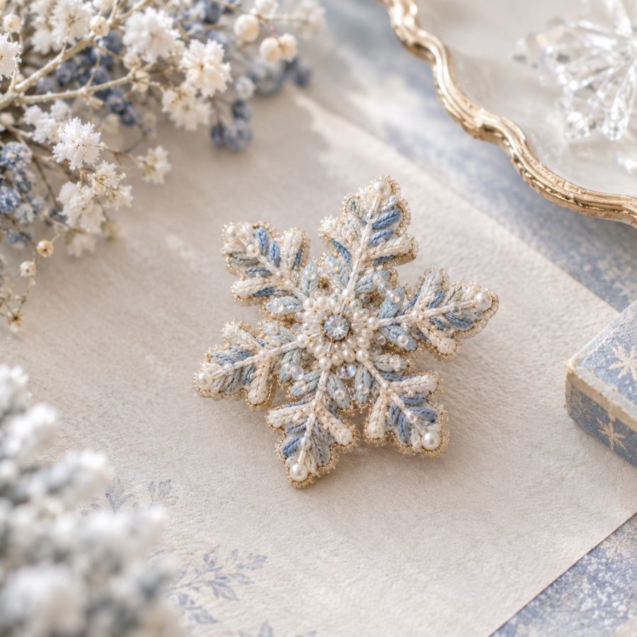 雪の結晶の刺繍ブローチ